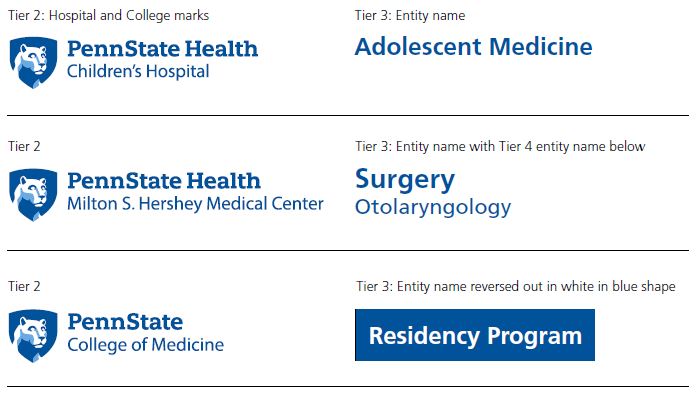 First row, Penn State Health Children's Hospital logo with white Nittany Lion mascot image in blue shield. “Adolescent Medicine” text is on the right with text that reads Tier 2 Hospital and College marks and Tier 3 Entity name. Second row, Penn State Health Milton S. Hershey Medical Center with white Nittany Lion mascot image in blue shield on the left. Text “Surgery Otolaryngology” is on the right with text that reads Tier 2 and Tier 2 enetity name with Tier 4 entity name below. Third row, Penn State Health College of Medicine logo with white Nittany Lion mascot image in blue shield on the left. Text “Residency Program” is on the right in white letters on a blue rectangular background with text that reads Tier 2 and Tier 3 enetity name reversed out in white in blue shape.