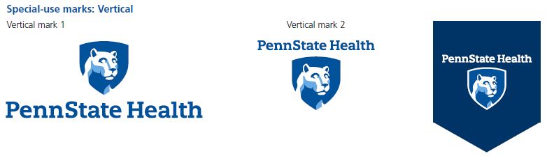On right, Penn State Health logo with Nittany Lion mascot image in blue shield centered above the text to indicate special-use masks: Vertical mark 1. Middle Penn State Health logo with Nittany Lion mascot image in blue shield centered below it indicates Vertical mark 2 and on the right the Penn State Health logo with Nittany Lion mascot image in blue shield below text on a blue banner.