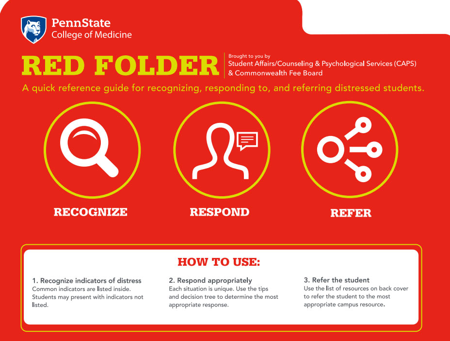 An image shows the front of a file folder labeled RED FOLDER. It describes in large type that it is designed to help recognize, respond to and refer distressed students.